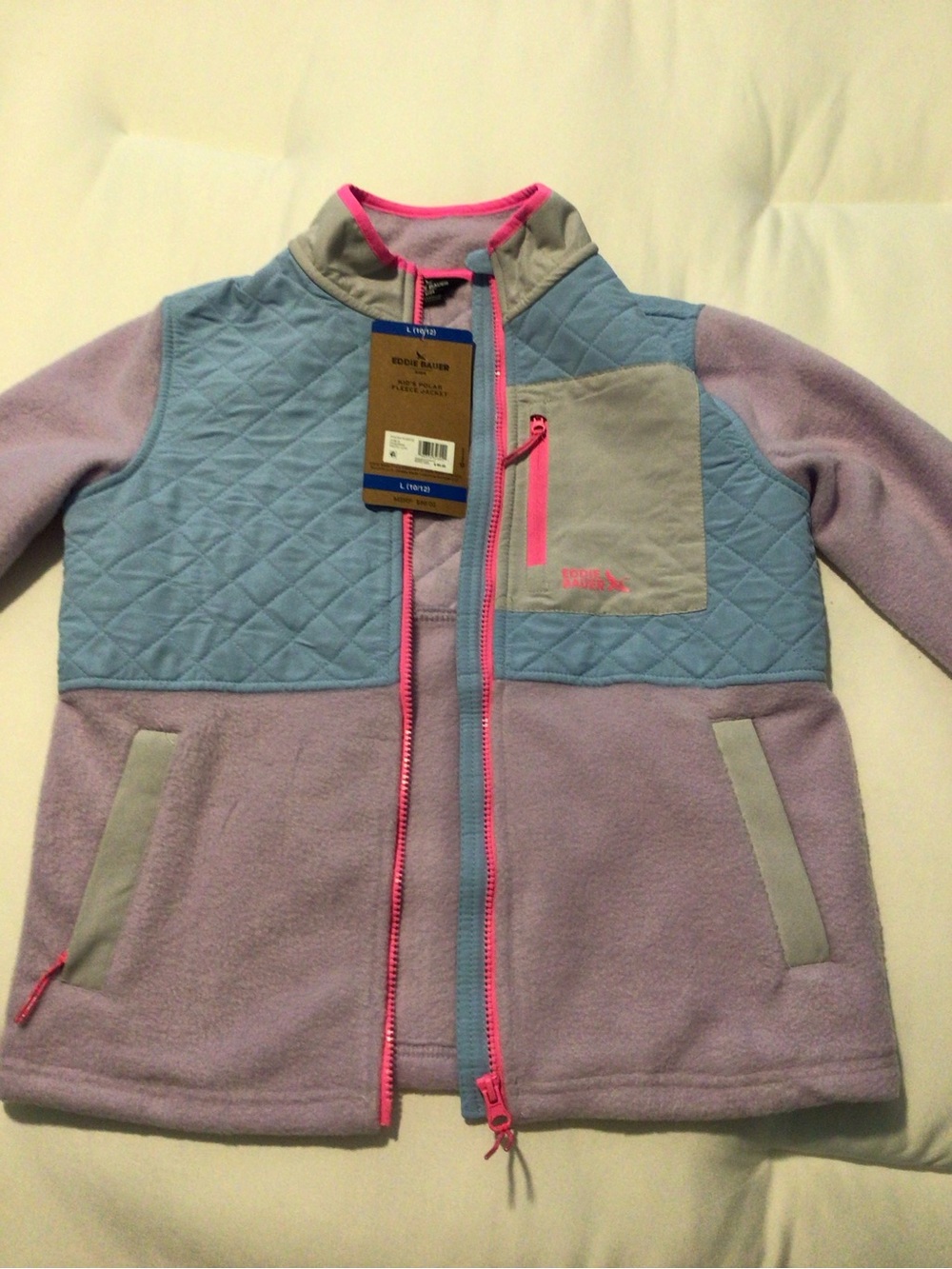 Eddie Bauer Light Blue and Gray Kids Polar Fleece Jacket with Pink Trim